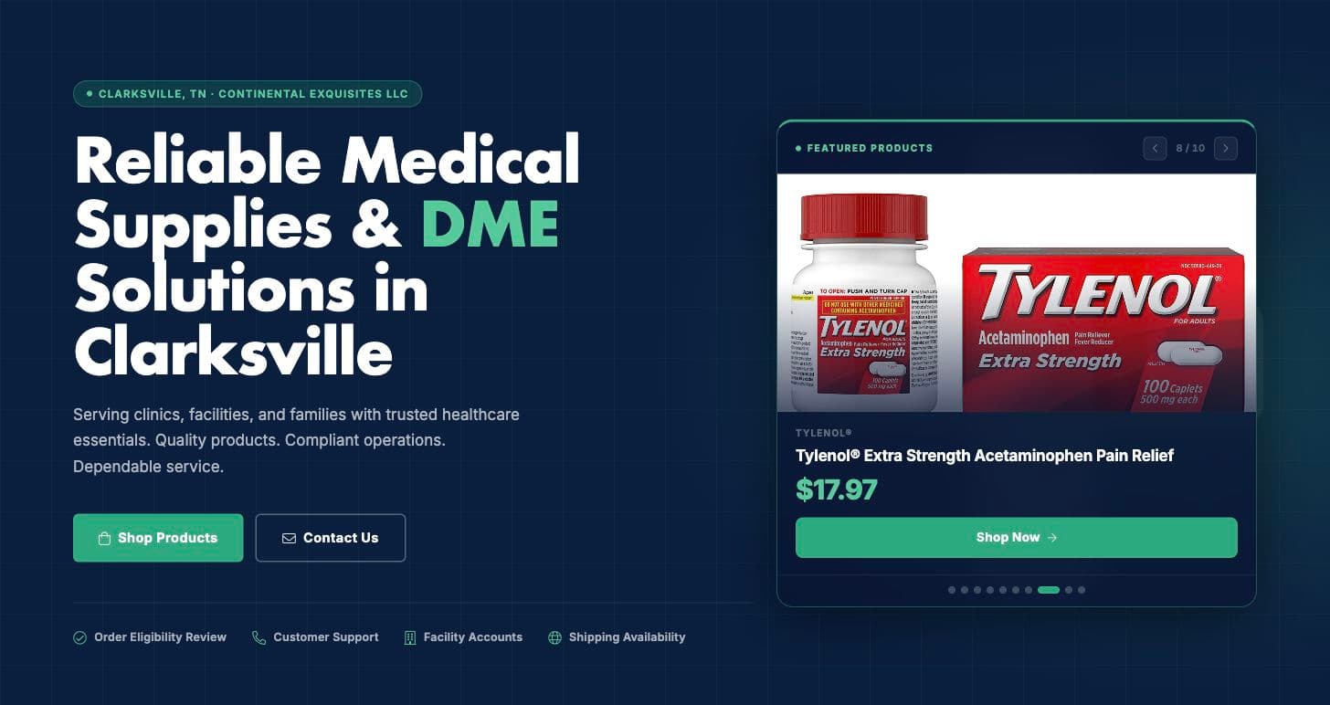 Continental Medical homepage introducing medical supplies and equipment categories