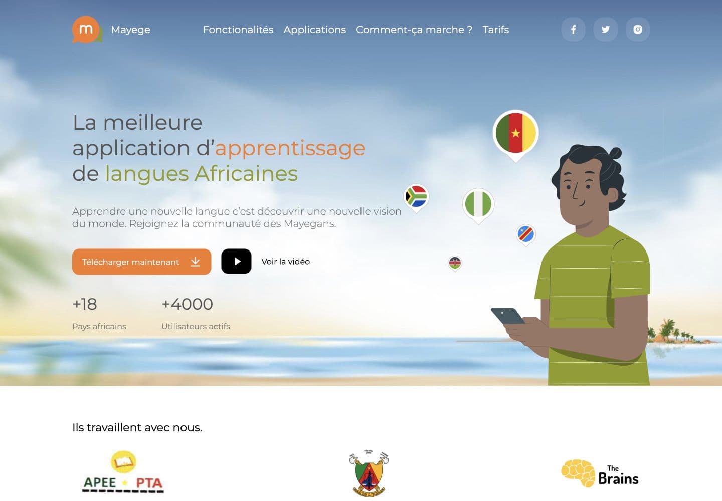 Mayege homepage introducing African-language learning with an illustrated learner and country markers