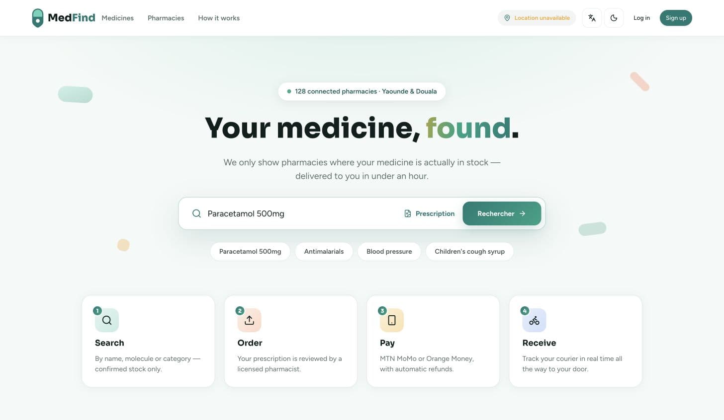MedFind homepage with medicine search, prescription import and pharmacy discovery