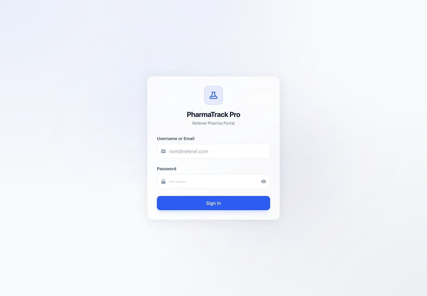 PharmaTrack Pro portal sign-in page with email and password fields
