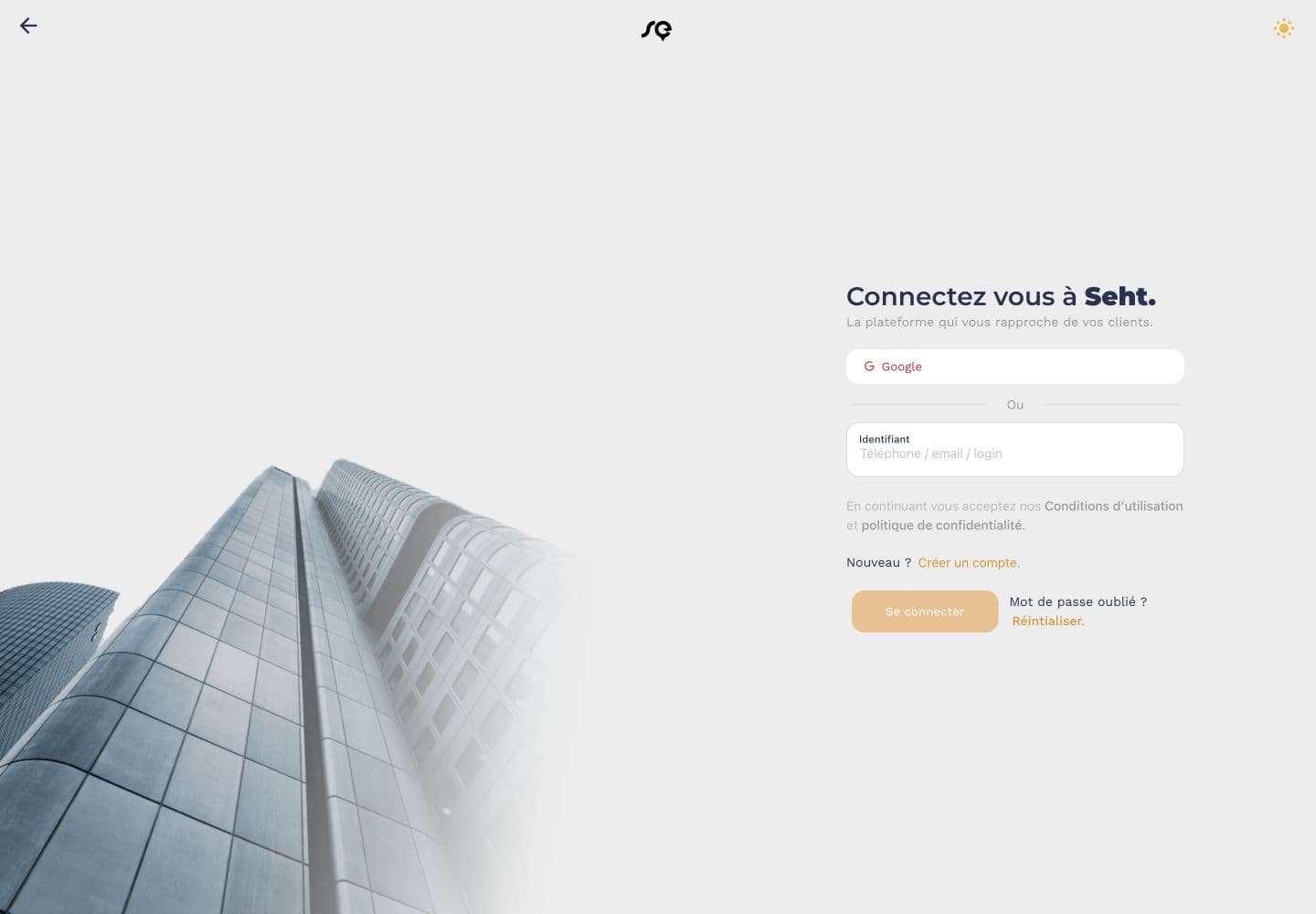 Seht sign-in page with Google access and phone, email or username identification
